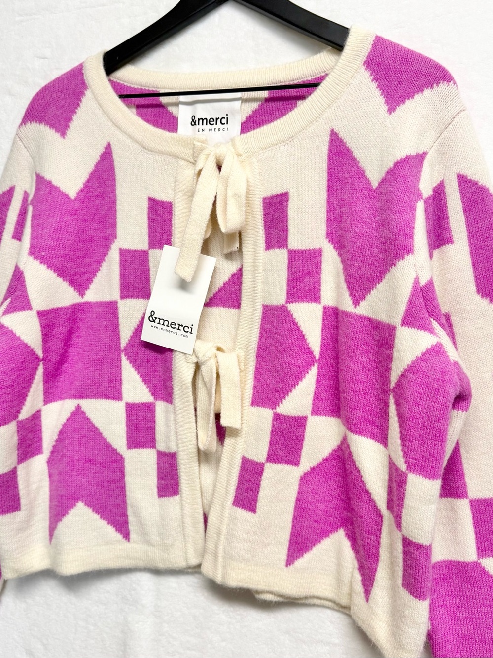 &merci Pink and Cream Geometric Tie-Front Cardigan